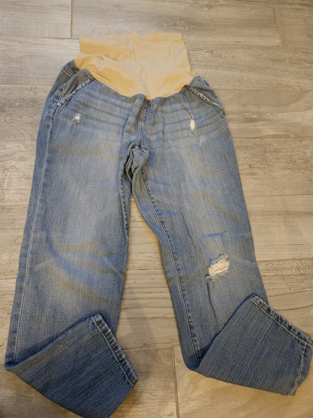 Indigo Blue Women’s Light Blue Boyfriend Maternity Jeans with Tan Panel